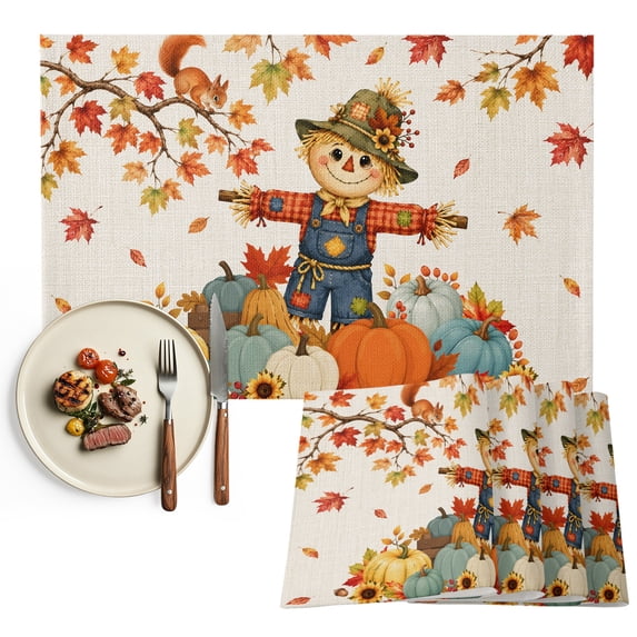 Fall Scarecrows Placemats Set of 4, Thanksgiving Autumn Pumpkins Leaves Beige Washable Wipeable Table Mats for Dining Tables, Indoor Outdoor Kitchen Place Mats for Holiday Party Table Decor