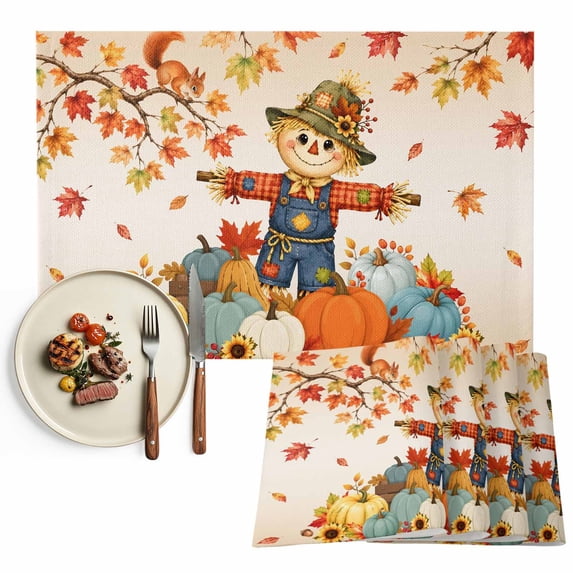 Fall Scarecrows Placemats Set of 4, Thanksgiving Autumn Pumpkins Leaves Orange Washable Wipeable Table Mats for Dining Tables, Indoor Outdoor Kitchen Place Mats for Holiday Party Table Decor