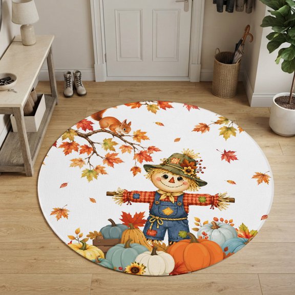 Fall Scarecrows Round Area Rug 5Ft Circle Rugs for Living Room Bedroom, Thanksgiving Autumn Harvest Pumpkins Leaves Non-Slip Carpet Floor Mats Indoor Outdoor Carpet Runner Aesthetic Home Decor
