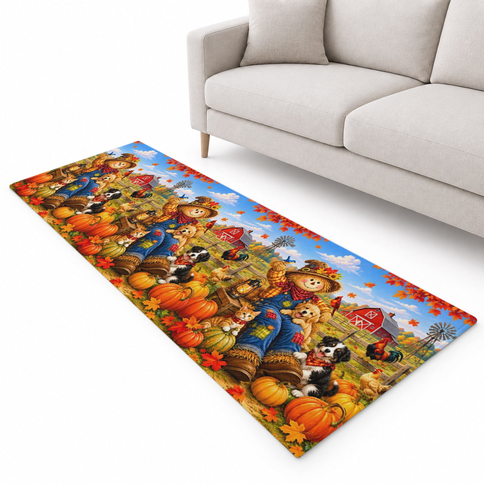 Fall Scarecrows Runner Rug 2.6'x10', Farm Pumpkins Red Barn Cat Dog ...