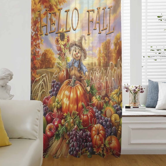 Fall Scarecrows Semi Sheer Curtains Drapes for Living Room,Bedroom,French Doors Window 84 Inches Long,Autumn Thanksgiving Farm Pumpkins Fruit Rod Pocket Chiffon Curtain Drapery Voile Draperies Panel
