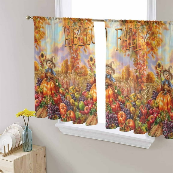Fall Scarecrows Sheer Curtains 54 Inches Length 2 Panels Set, Window Sheer Curtains for Living Room/Bedroom, Autumn Thanksgiving Farm Pumpkins Fruit Light Filtering Rod Pocket Curtain 52'' x 54'' x 2