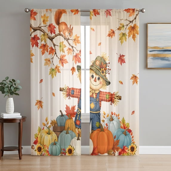 Fall Scarecrows Sheer Curtains 63 Inches Long, Thanksgiving Autumn Pumpkins Leaves Orange Light Filtering Window Curtains for Living Room, Rod Pocket Voile Sheer Curtain Drapes, 52"W x 63"L, 2 Panels