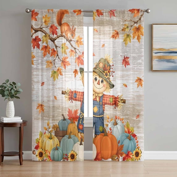 Fall Scarecrows Sheer Curtains 72 Inches Long, Thanksgiving Autumn Pumpkins Leaves Brown Light Filtering Window Curtains for Living Room, Rod Pocket Voile Sheer Curtain Drapes, 52"W x 72"L, 2 Panels
