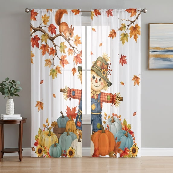 Fall Scarecrows Sheer Curtains 84 Inches Long, Thanksgiving Autumn Harvest Pumpkins Leaves Light Filtering Window Curtains for Living Room, Rod Pocket Voile Chiffon Drapes, 52"W x 84"L, 2 Panels