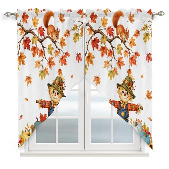 Fall Scarecrows Swag Valances for Windows 2 Pack, Kitchen Window Curtains 36 Inch Length, Thanksgiving Autumn Harvest Pumpkins Leaves Privacy Swag Curtains for Living Room/Bathroom 36"x36"