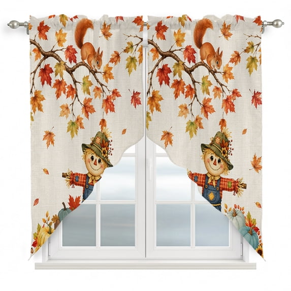 Fall Scarecrows Swag Valances for Windows, Kitchen Curtains 36 Inch Length 2 Panels Set, Thanksgiving Autumn Pumpkins Leaves Beige Short Curtains for Small Windows Cafe Curtains Drapes 28"x36"