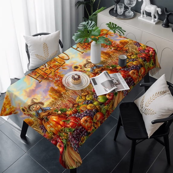 Fall Scarecrows Table Cloth Waterproof Tablecloths, Autumn Thanksgiving Farm Pumpkins Fruit Tablecloth Dining Table Cover for Kitchen Party Tabletop Outdoor, Rectangle Tablecloth 60x120 Inch