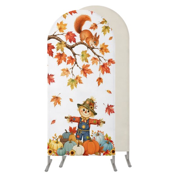 Fall Scarecrows Wedding Arch Cover,Stretchy Spandex Arch Backdrop Stand Covers 4 FT,Thanksgiving Autumn Harvest Pumpkins Leaves Round Top Arched Backdrop Cover for Birthday Party Ceremony Baby Shower