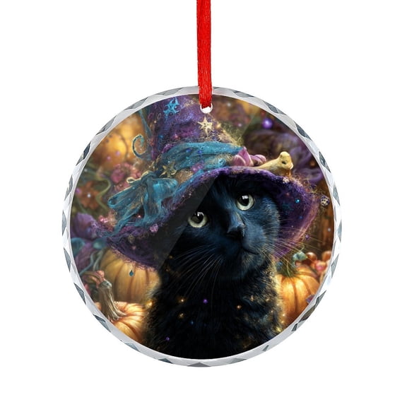 Fall Scary Cat Pumpkin Christmas Ornament Xmas Tree Decor for Kids Mom Dad Friends Loves Cute Halloween Witch Cat Round Glass Christmas Ornaments