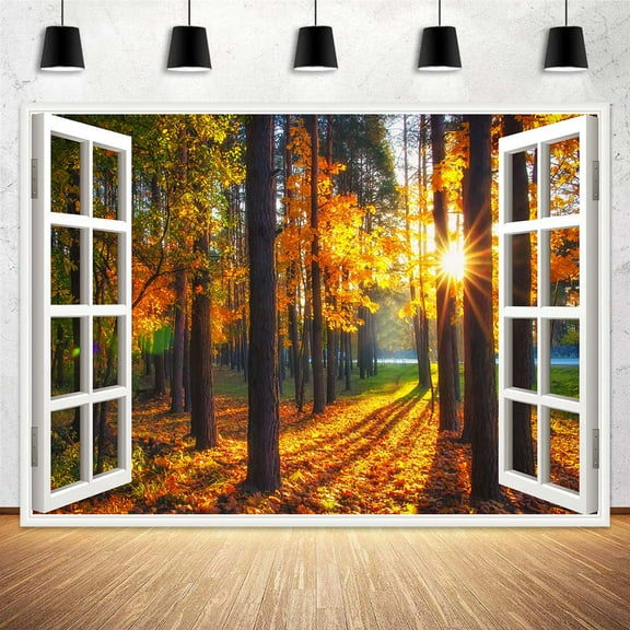 Fall Scene Backdrop Holiday Wonderland Autumn Sun Photography Background Window Forest Thankgiving Party Decoration Tree Landscape Kids Portrait Photobooth Photo Studio Props 5X3FT
