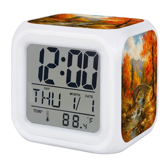 Fall Scenery Digital Alarm Clock for Bedrooms, Smart LED Alarm Clock with 7 Color Changing Night Light, Farmhouse Maple Trees River Mountain Silent Wake Up Clocks for Sleep Study Cooking 3.2"x3.2"