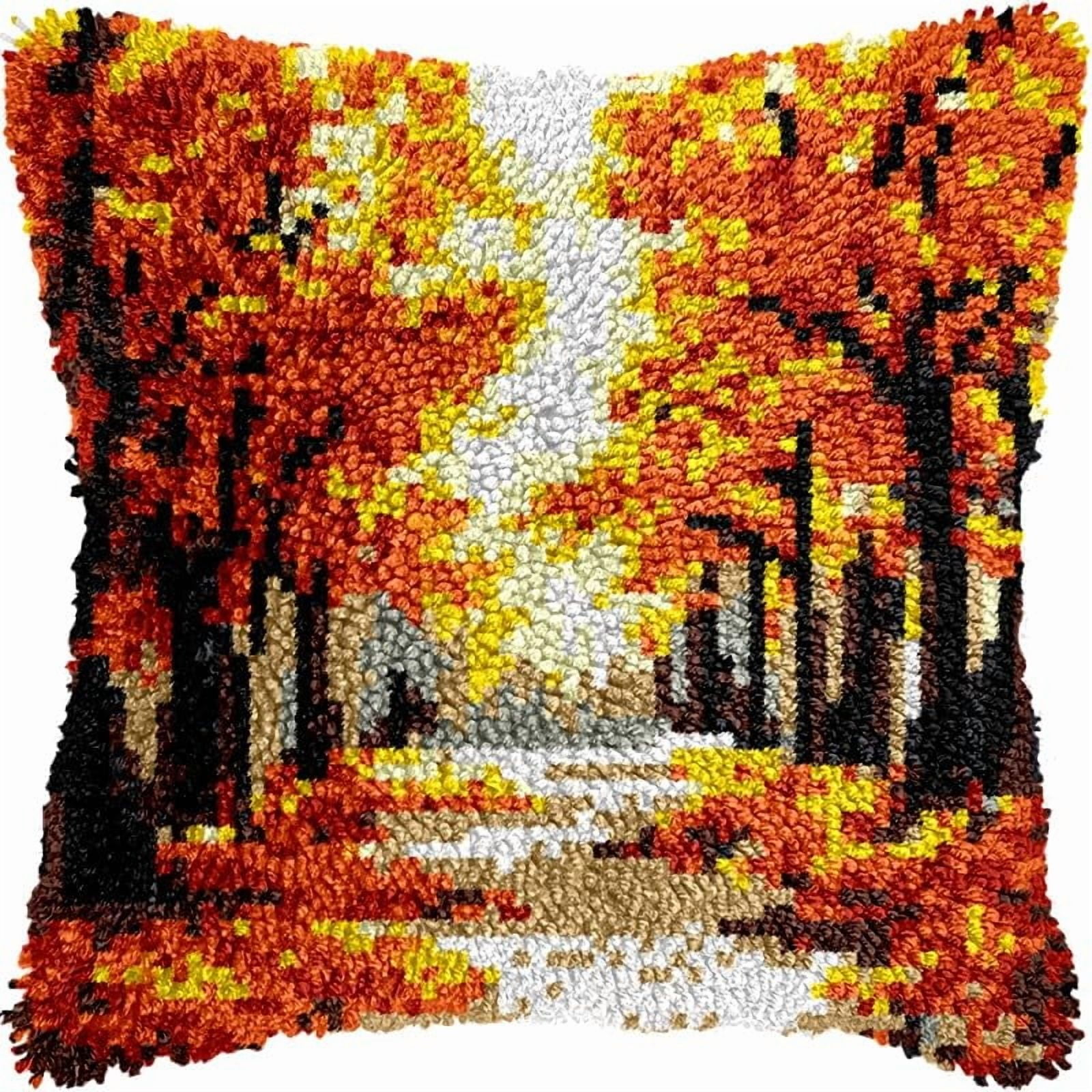 Fall Scenery Latch Hook Pillow Kits Pillow Cover Pattern Printed Canvas Crochet Cross Stich Hooking Pillowcase Cushion Crafts Embroidery Latch Hooking Crochet Kits Set 17x17 inch(29)