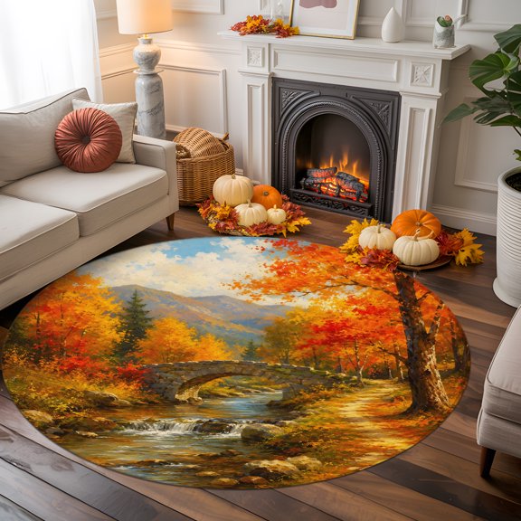 Fall Scenery Round Area Rug 6 FT, Non Slip Bedroom Area Rug, Farmhouse Maple Trees River Mountain Washable Soft Circular Carpet Non-Shedding Floor Mat for Kitchen Dining Room Home Office Kids Room