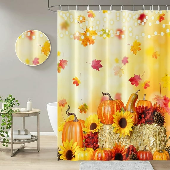 Fall Scenery Shower Curtain for Bathroom Fallen Maple Leaves Bathtub Decor Room Partition Harvest Thanksgiving Orange Pumpkins Sunflowers Waterproof Shower Curtains with Hooks 84x72 inches