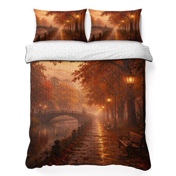 Fall Scenic 3 Piece Quilt Bedding Set with 2 Pillow Shams, Nostalgia Vintage Gold Maple Leaf Forest Stone Bridge Lightweight Bedspread Coverlet, Soft Breathable All Season Quilt, 96 x 106 Inch