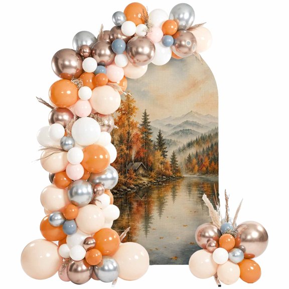 Fall Scenic Arch Backdrop Cover 6 FT, Rustic Misty Mountain Brown Pine Tree Forest Landscape Wedding Arch Cover Stretchy Backdrop Stands Covers for Birthday Party Ceremony Banquet Decor