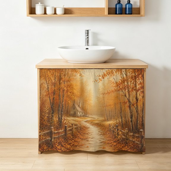 Fall Scenic Cabinet Curtains 10" W x 11" L, Rustic Golden Trees Cabin Forest Dirt Path Landscape Under-Desk Privacy Dust Proof Drape Dishwasher Curtain Sink Skirt for Kitchen Closet Bathroom Laundry
