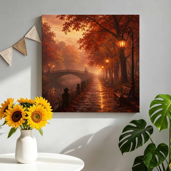 Fall Scenic Canvas Wall Art for Living Room, Nostalgia Vintage Gold Maple Leaf Forest Stone Bridge Poster Print Painting for Bedroom Office Home Decoration Wall Pictures Prepare To Hang 8"x8"