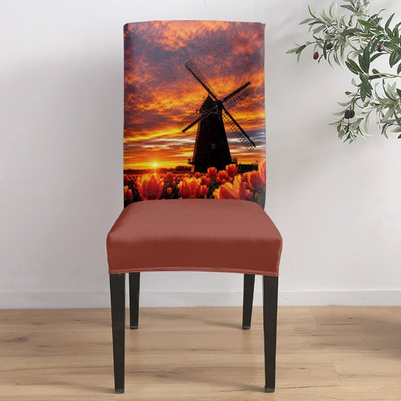 Fall Scenic Dining Chair Covers Set of 1, Dramatic Golden Sunset Tulip Field Rustic Countryside Chair Covers for Dining Room Removable Seat Protectors Slipcovers for Home Party Wedding Banquet