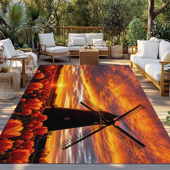 Fall Scenic Indoor Outdoor Rugs 4x6 Ft, Dramatic Golden Sunset Tulip Field Rustic Countryside Outdoor Patio Rug Mat Washable Outside Area Rugs Carpet for Porch Deck RV Camping Pool Balcony Backyard