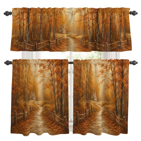 Fall Scenic Kitchen Curtains Valances 3 Piece Set, Rustic Golden Trees Cabin Forest Dirt Path Landscape Rod Pocket Tier Curtain and Valance Drapes for Small Window 36 Inch Length for Bedroom Cafe