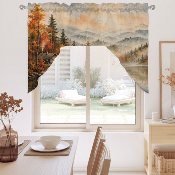 Fall Scenic Swag Valance for Windows, Rustic Misty Mountain Brown Pine Tree Forest Landscape Swag Curtains Valances for Small Window Treatment Rod Pocket for Kitchen Bathroom 1 Panel 56x36in