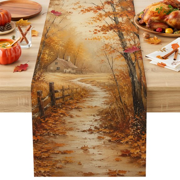 Fall Scenic Table Runner 13x36 Inch Rustic Golden Trees Cabin Forest Dirt Path Landscape Cotton Linen Dining Table Runner Ideal for Dresser Kitchen Coffee Tables - Machine Washable