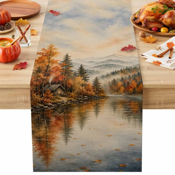 Fall Scenic Table Runner 13x36 Inch Rustic Misty Mountain Brown Pine Tree Forest Landscape Cotton Linen Dining Table Runner Ideal for Dresser Kitchen Coffee Tables - Machine Washable