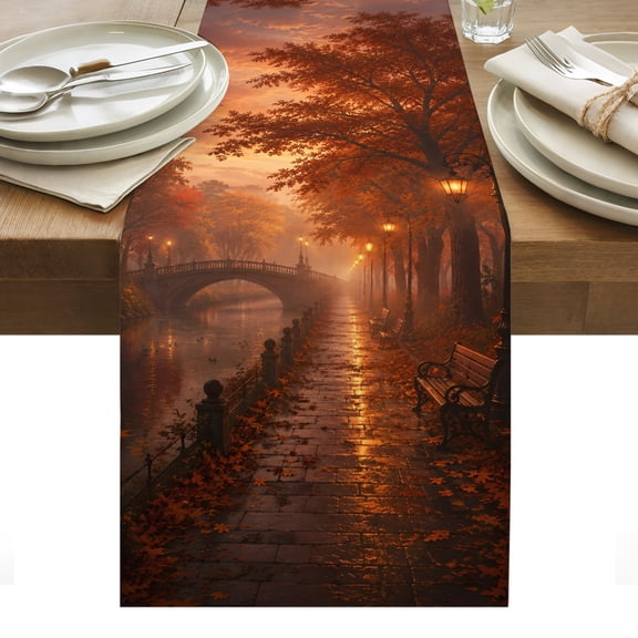 Fall Scenic Table Runner, Nostalgia Vintage Gold Maple Leaf Forest Stone Bridge Washable Kitchen Table Runners Dress Scarves for Dining Table Decorations Party/Restaurant/Indoor Outdoor Use, 13x36in