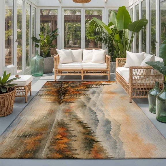 Fall Scenic Washable Living Room Rugs 9'x12', Rustic Misty Mountain Brown Pine Tree Forest Landscape Washable Throw Large Area Rug Non-Slip Sturdy Edge Binding Carpet for Bedroom Dining Room Office