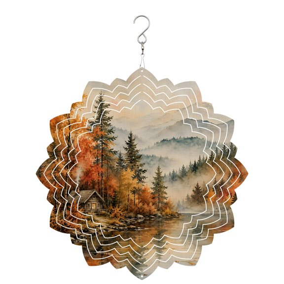 Fall Scenic Wind Spinner for Garden Yard 8In, Rustic Misty Mountain Brown Pine Tree Forest Landscape 3D Stainless Steel Kinetic Hanging Wind Spinners Rustproof Outdoor Decor for Lawn Patio Home