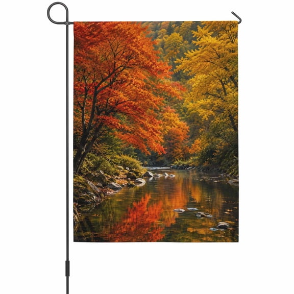Fall Scenicview Garden Flag 12x18 Inch Forest Landscape Golden Yellow Orange Maple Trees River Double Sided Outdoor Garden Flags Welcome House Flag Decorative Yard Flags for Outside Decoration