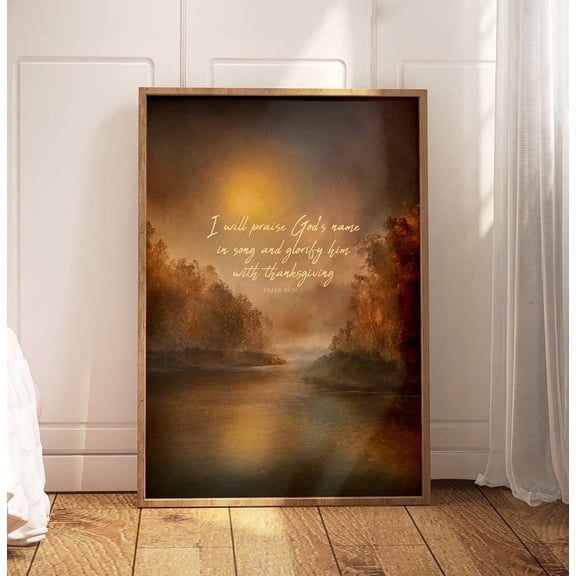 Fall Scripture Wall Art Print, Psalm 69:30, Autumn Bible Verse, Vintage Thanksgiving, Christian Home And Prayer Room Decor