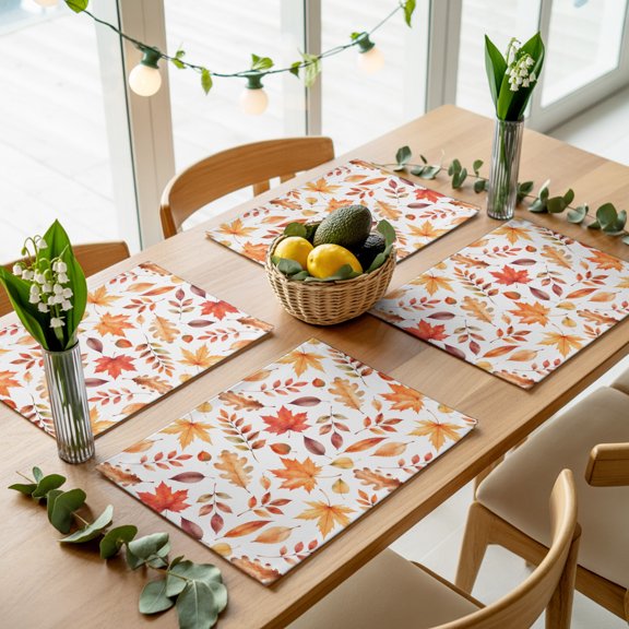 Fall Seamless Foliage Pattern Placemats Set of 4,Wipeable Washable Table Mats for Dining Tables, Thanksgiving Autumn Maple Leaf Place Mats for Kitchen Event Party Tabletop Decor