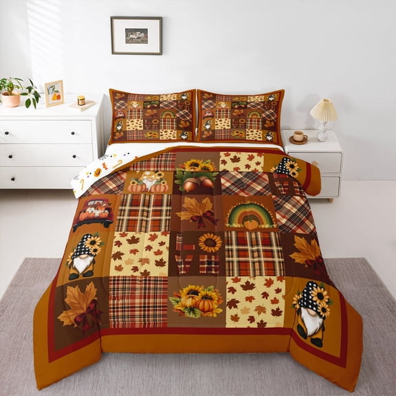 Fall Season Bedding King Size Autumn Harvest Decoration Comforter Set, Thanksgiving Day Gifts Teens Women Geometry Plaid Print Duvet Insert Maple Leaves Rainbow Decor Quilt