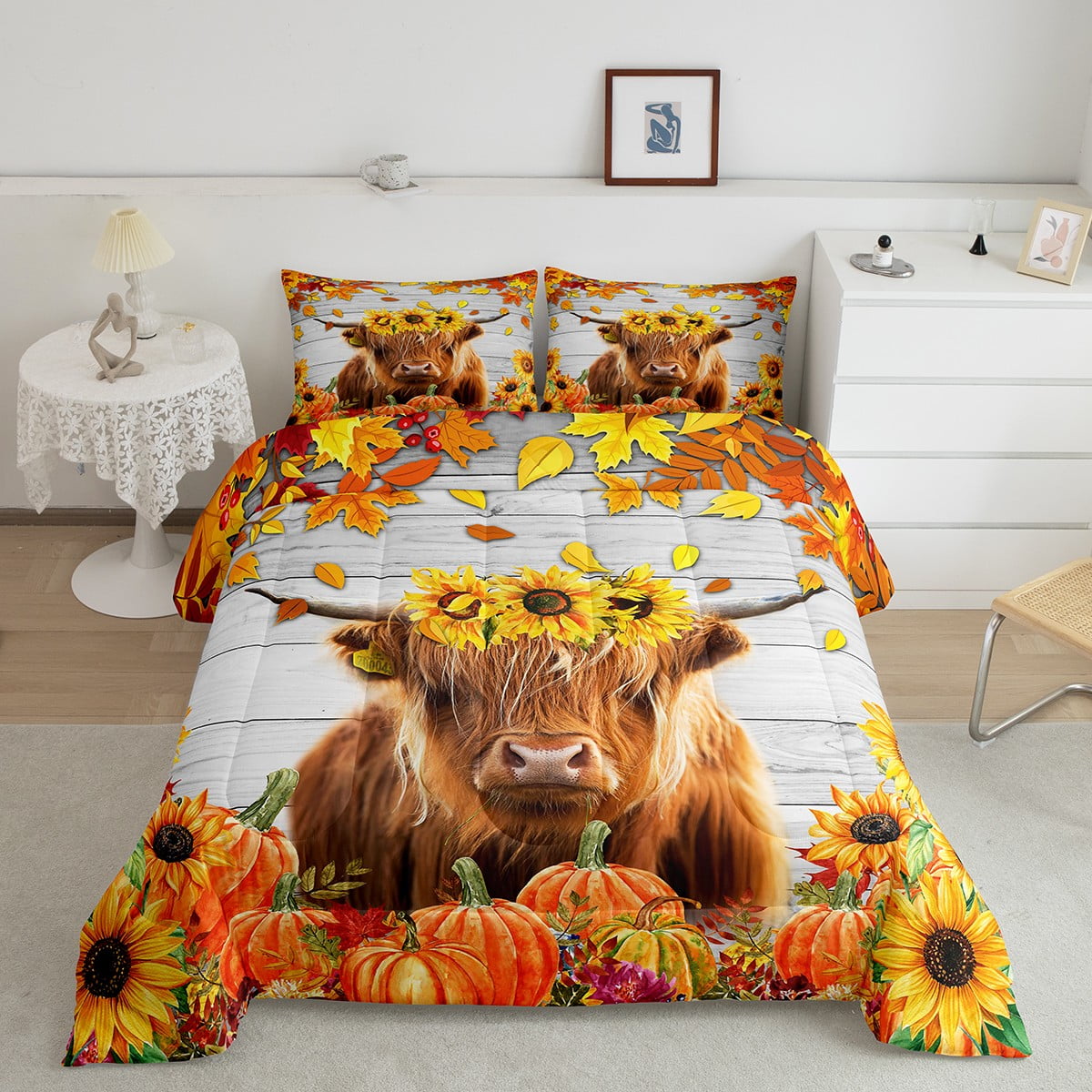 Fall Season Bedding Queen Brown Highland Cow Print Comforter Set for