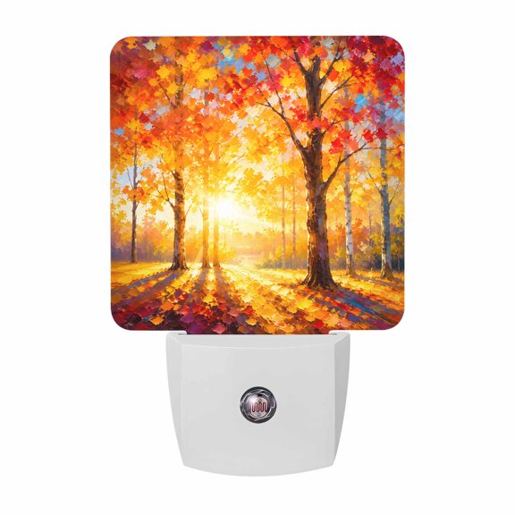 Fall Season Night Light, Orange Nature Landscape Sunlight Maple Trees Forest Plug in Night Lights with Dusk to Dawn Sensor, Energy Saving Red LED Nightlight for Bedroom Bathroom, Auto On/Off