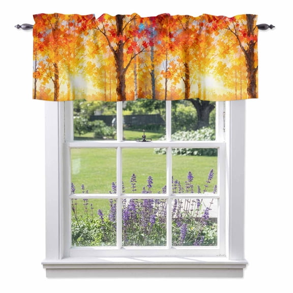 Fall Season Valances for Windows, Orange Nature Landscape Sunlight Maple Trees Forest Valance Window Treatment Rod Pocket Short Curtains Valances for Kitchen Bathroom 42"W x 12"L