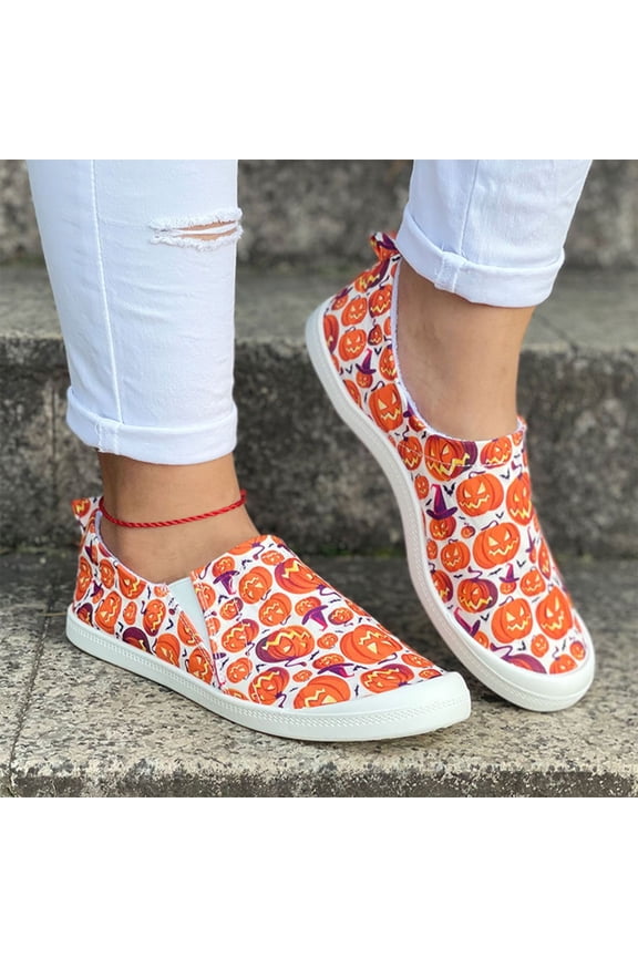 Fall Seasonal Casual Footwear, Lightweight Outdoor Walking Shoes, Women All Over Pumpkin Print Slip On Canvas Shoes Elastic Gore Low Top Halloween Fall Casual Comfort Walking Flats, Saffron 5.5