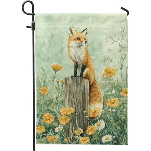 Fall Seasonal Fox Garden Flag, Double Sided Burlap Outdoor Lawn Banner, Orange Woodland Fox Home Decor Decoration, 12 x 18 Inch