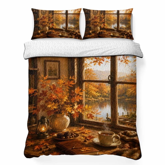 Fall Serene Home 3 Piece Quilt Bedding Set with 2 Pillow Shams, Window Landscape Maple Leaf Afternoon Tea Rustic Farm Lightweight Bedspread Coverlet, Soft Breathable All Season Quilt, 68 x 86 Inch