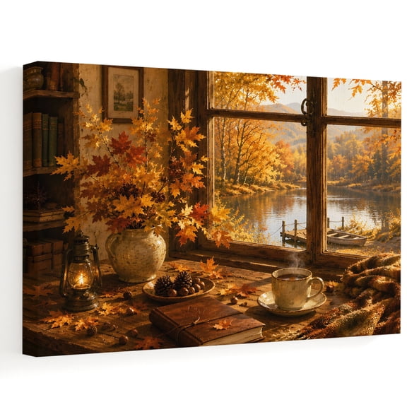 Fall Serene Home Canvas Wall Art 10" x 8" Window Landscape Maple Leaf Afternoon Tea Rustic Farm Frame Picture Prints, Ready to Hang Waterproof Artwork Decor for Bathroom, Kitchen Small Wall Spaces