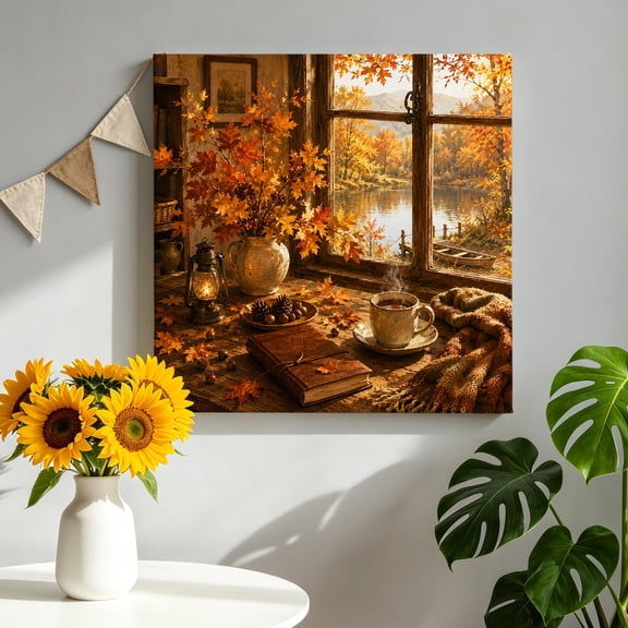 Fall Serene Home Canvas Wall Art, Window Landscape Maple Leaf Afternoon Tea Rustic Farm Framed Canvas Wall Decor Picture Print Artwork Decorations for Living Room Office Ready to Hang 8" x 8"