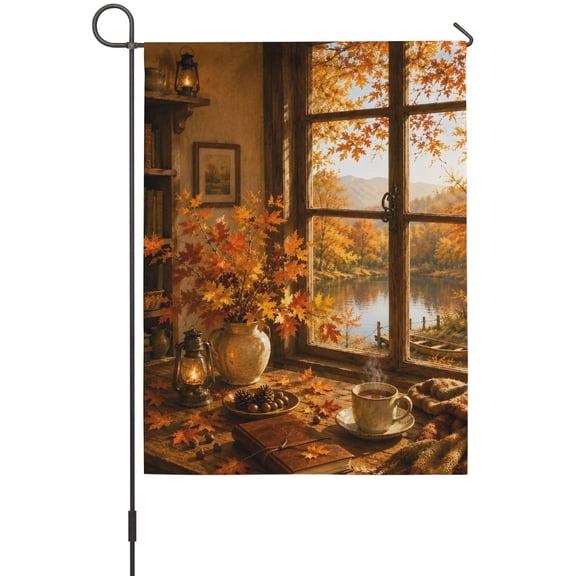 Fall Serene Home Garden Flag 12 x 18 Inches, Window Landscape Maple Leaf Afternoon Tea Rustic Farm Weather Proof Outdoor Patio Flags Double Sided Small Garden Decoration for Yard Outside Home