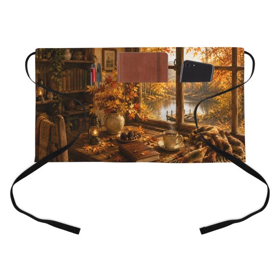 Fall Serene Home Kitchen Restaurant Half Waist Apron, Window Landscape Maple Leaf Afternoon Tea Rustic Farm Server Short Apron with 3 Pockets Waterproof Oil Waist Aprons for Women Waitress Waiter