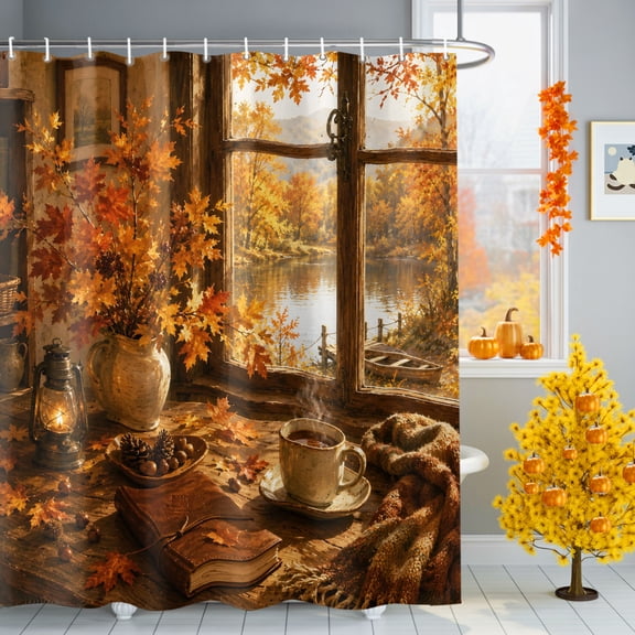 Fall Serene Home Shower Curtain for Bathroom, Window Landscape Maple Leaf Afternoon Tea Rustic Farm Waterproof Machine Washable Shower Curtain Set with Hooks, Bath Decoration for Home Bathtub 72"x96"