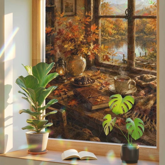 Fall Serene Home Window Privacy Film, Window Landscape Maple Leaf Afternoon Tea Rustic Farm Stained Glass Rainbow Film Decorative Window Clings, Static Cling Sun Blocking Stickers 17.7" x 39.3"