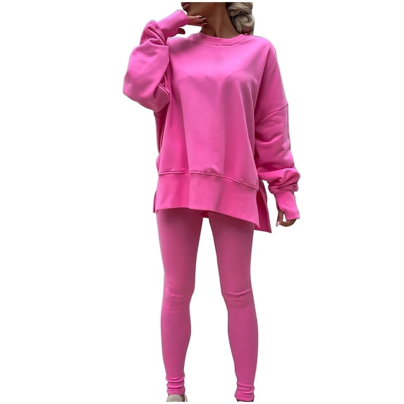 Fall Sets for Women 2 Piece Outfit, Women's Fashionable Solid Color Casual Long Sleeved Round Neck Hoodie Tops Stripe Pants Set New Womens Plus Size Airport Travel Outfits Pinky XL