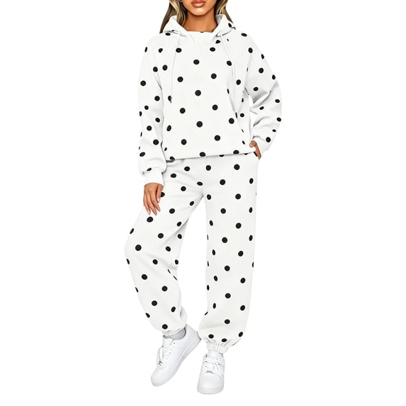 Fall Sets Women 2 Piece Outfits Lightweight Elastic Waist Joggers Matching Long Sleeve Hoodies Polka Dot Cute Y2k Fashion Tracksuits with Pockets White XL
